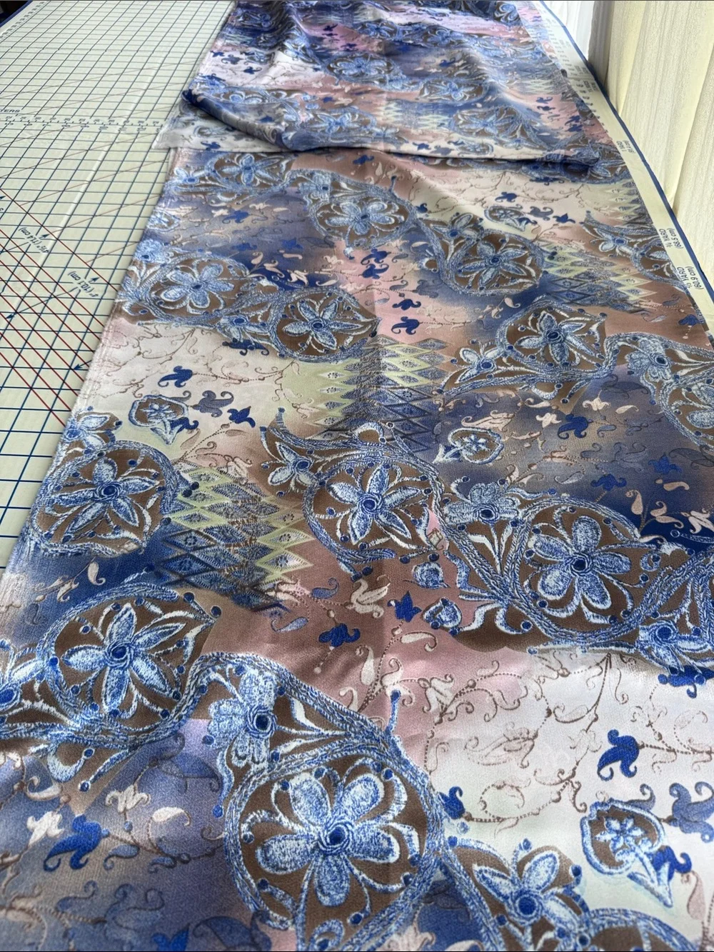 Vintage 90s Satin Fabric 5 Yards Drapey Ornate Floral Medallion Blue Mauve